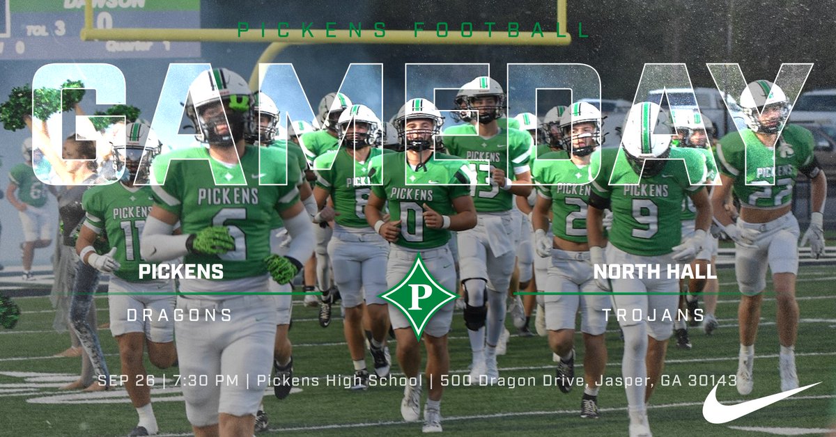 GAMEDAY!
PICKENS VS. NORTH HALL | TONIGHT | 7:30 PM

Pickens will host the North Hall Trojans tonight at Pickens High School! Tonight is Pickens Football Youth Night! Come out and support the Dragons! Kickoff is set for 7:30. #AIATT