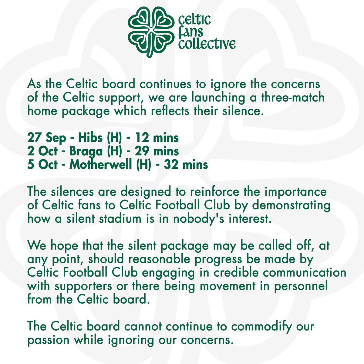 Three-match silent package - available now.

The Celtic board cannot continue to commodify our passion while ignoring our concerns.