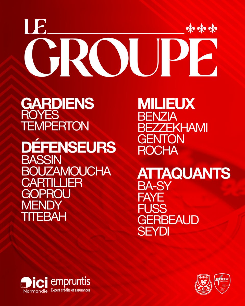fcr1899's tweet photo. #FCRFBBP | ๐๐ฒ ๐ด๐ฟ๐ผ๐๐ฝ๐ฒ ๐
Le groupe convoquรฉ pour ce match contre Bourg๐ดโช
๐๐ฉ๐ฐ๐ช๐น : C. Abi. M. Borne, E. Egny, J. Mbock, N. Ndeke, T. Sanglier, V. Tilliez, A. Tourรฉ.
๐๐ฐ๐ช๐ฏ๐ด/๐๐ฆ๐ฑ๐ณ๐ช๐ด๐ฆ : Y. Ait Moujane, A. Maraval.
#TeamFCR #Rouen #Normandie #FCR1899 https://t.co/vqJikRi35m