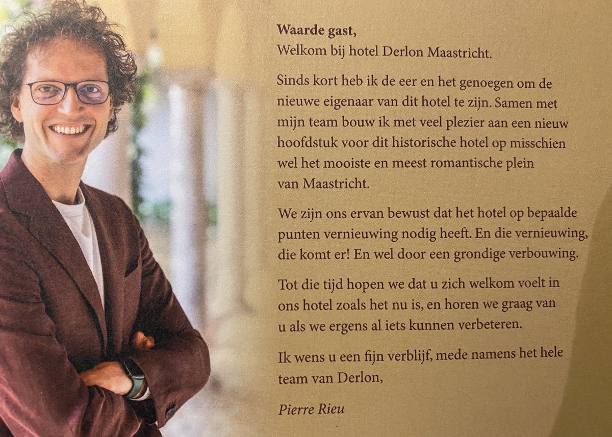 Brantsen's tweet photo. Nieuwe eigenaar van het fijne Maastrichtse hotel Derlon aan het OLVplein: Pierre Rieu, die meteen belooft de boel te gaan verbouwen. @derlonhotel #PierreRieu #zoonvan https://t.co/sQkI3a445T