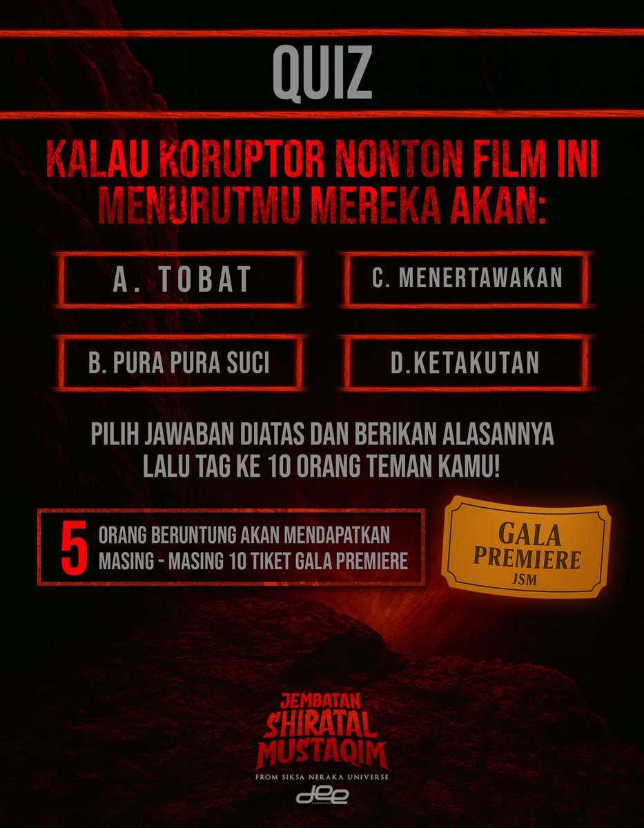 QUIZ! Gimana menurutmu? tulis jawaban di kolom komentar. 5 Orang terpilih akan dapatkan masing - masing 10 ticket nonton Gala Premiere Jembatan Shiratal Mustaqim!

Jangan lupa Tag ke 10 orang teman kamu!

Saksikan 9 Oktober 2025 di bioskop!

#DeeCompany