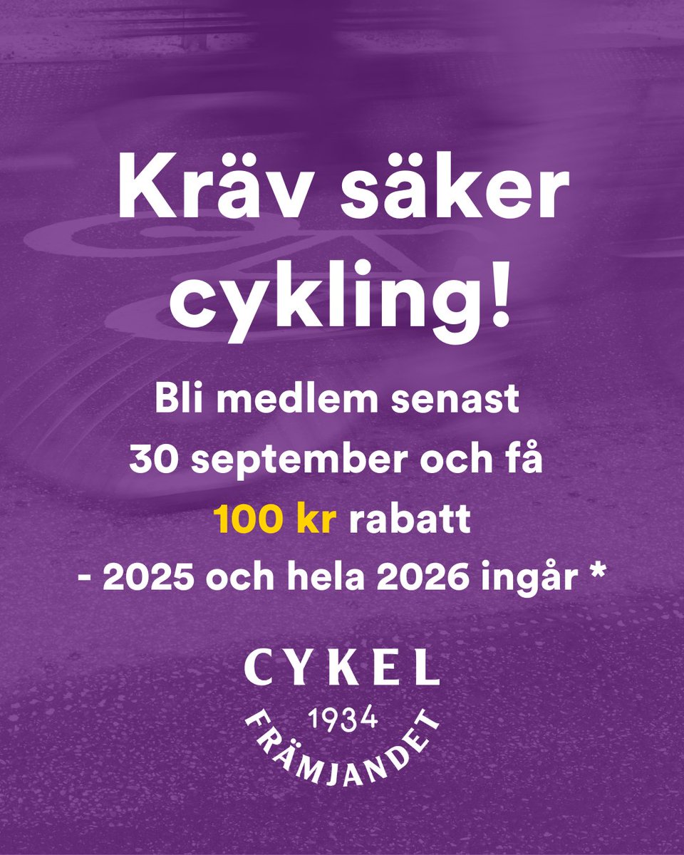 Vi på Cykelfrämjandet arbetar för ett bättre Cykelsverige genom politisk påverkan, cykelturism, cykelvänliga arbetsplatser, bl a! Fram till 30 sept får du 100 kr rabatt på alla våra medlemskap. Ange kampanjkoden höst2025 här: cykelframjandet.se/bli-medlem/