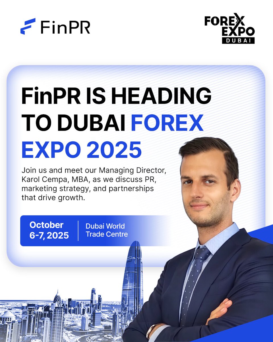 FinPRcom's tweet image. Excited to announce that FinPR will be at Forex Expo Dubai 2025 on October 6–7 at the Dubai World Trade Centre!

Meet our MD, Karol Cempa, MBA, to talk PR, marketing &amp;amp; partnerships that fuel growth.

📍 Will you be there? Let’s connect!

#FinPR #ForexExpoDubai #Fintech