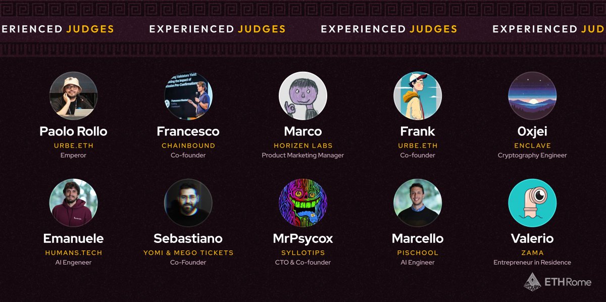 The 3rd edition of ETHRome will be in good hands 👩‍⚖️

Projects will be judged by some of the sharpest minds in Web3: <a href="/orbuloeth/">orbulo.eth</a> <a href="/Frankc_eth/">Frankc 🜄💻</a> <a href="/0xjei/">Giacomo</a> <a href="/Marcello_AI/">Marcello Politi</a> @ValerioHQ <a href="/turinglabsorg/">turinglabs</a> <a href="/fraquito_/">Fraquia</a> <a href="/fra_mosterts/">Moncesco</a> <a href="/mrpsyc0x/">mrpsycox.eth</a> <a href="/mrnmrceth/">mrnmrc.eth</a>

Builders, bring your A-game 💥