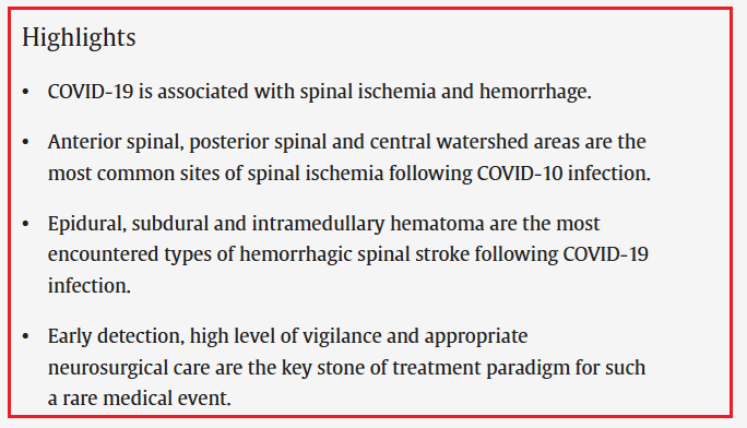 HarrySpoelstra's tweet photo. A systematic review on COVID-19 and spinal strokes, the end of an era
🔥Interesting USA study, the logical brain stroke extension that many may forget!
➡️"COVID-19 can cause both ischemia and hemorrhagic spinal strokes."
➡️"COVID-19 has extensive spinal presentations and can be associated with both hemorrhagic and ischemic spinal strokes."
➡️"Coagulopathy may be a precipitating factor in cord ischemia development while other neuropathogenesis mechanisms may precipitate spinal hemorrhage."
➡️"Any new neurological manifestation should be thoroughly investigated by neurological examination and neuroaxis imaging, simultaneously to prevent ongoing neural damage."
➡️"Early surgical or conservative management is the key factor in determining long-term outcomes."
C0VID-19 keeps on giving…… AVOID SARSCOV2!
https://t.co/8BEpG2Csu3