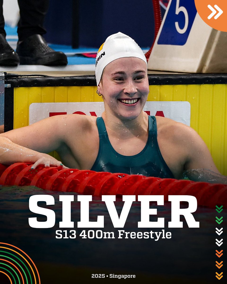 𝐌𝐄𝐃𝐀𝐋 𝐍𝐔𝐌𝐁𝐄𝐑 𝐅𝐎𝐔𝐑 𝐅𝐎𝐑 𝐍Í 𝐑𝐈𝐀𝐈𝐍! 🥈
 
Fourth medal, third silver AND a PB. There is no stopping her!

S13 400m Freestyle Final

⏱️ 4:37.39
2️⃣ 2nd Place

#TeamIreland | #Singapore2025