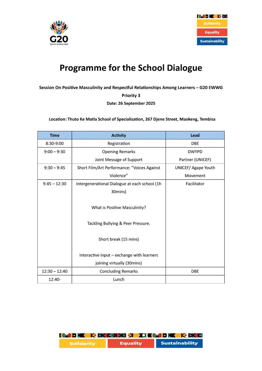 Today, learners in the North West, Gauteng , Limpopo, and KwaZulu-Natal are engaging in a meaningful school-based dialogue on Positive Masculinity. This multi-province conversation, part of the G20 initiative, amplifies youth voices and challenges outdated gender norms.

#G20