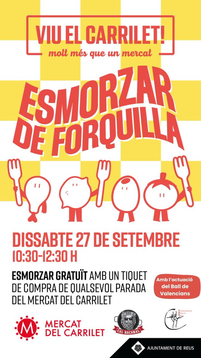 🎉 Aquest dissabte 27 de setembre celebrem la tardor amb un esmorzar de forquilla 🍽️ al Mercat del Carrilet, des de les 10.30 h fins a les 12.30 h 

Només cal presentar un tiquet de compra de qualsevol parada del Mercat del Carrilet  #ViuElCarrilet #MercatDelCarrilet #Reus
