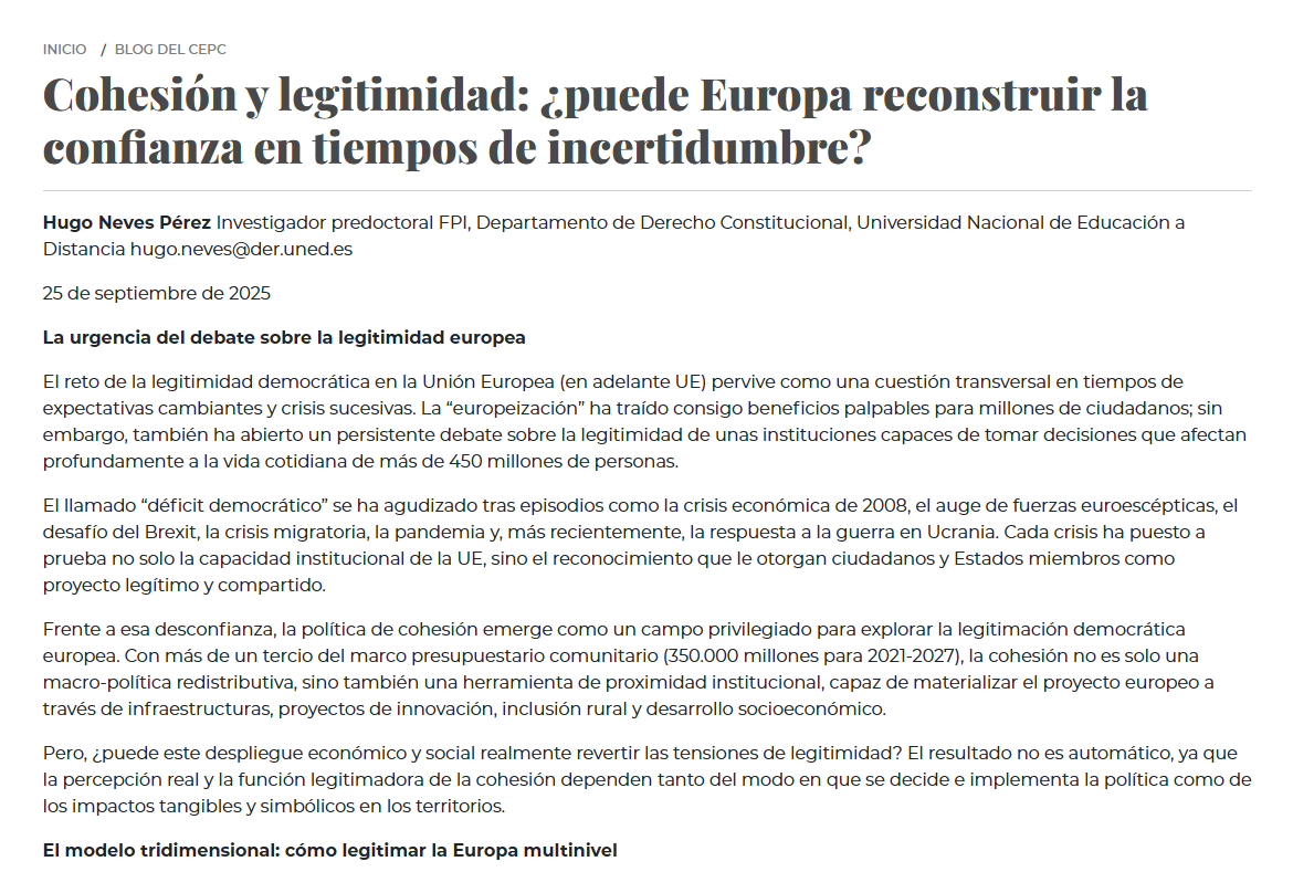 cepcgob's tweet photo. Nueva entrada en el #BlogCEPC
"Cohesión y legitimidad: ¿puede Europa reconstruir la confianza en tiempos de incertidumbre?" por Hugo Neves Pérez @Hugo_Nep98
https://t.co/0XoUec6EQF https://t.co/h6eaVcZqJ5