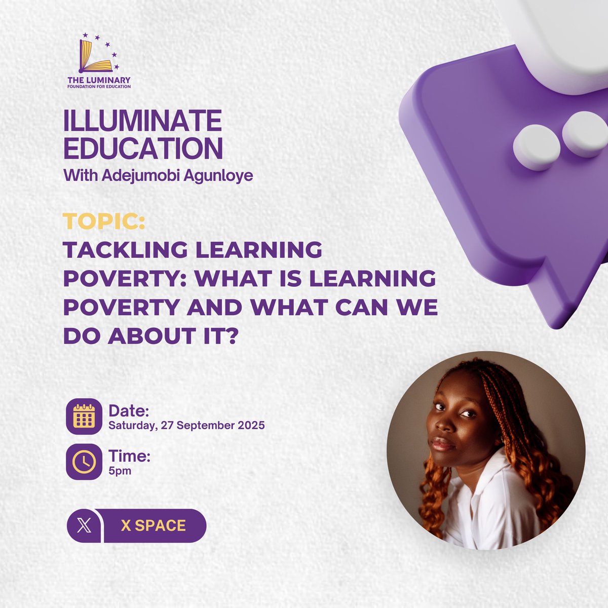 tlfeglobal's tweet image. Learning Poverty is a crisis. Solutions start here.

🗓 BACK ON: Sat, Sept 27
⏰ 5 PM WAT
📍 X Space w/ Adejumobi Agunloye

Don&apos;t miss this.

#LearningPoverty #Education