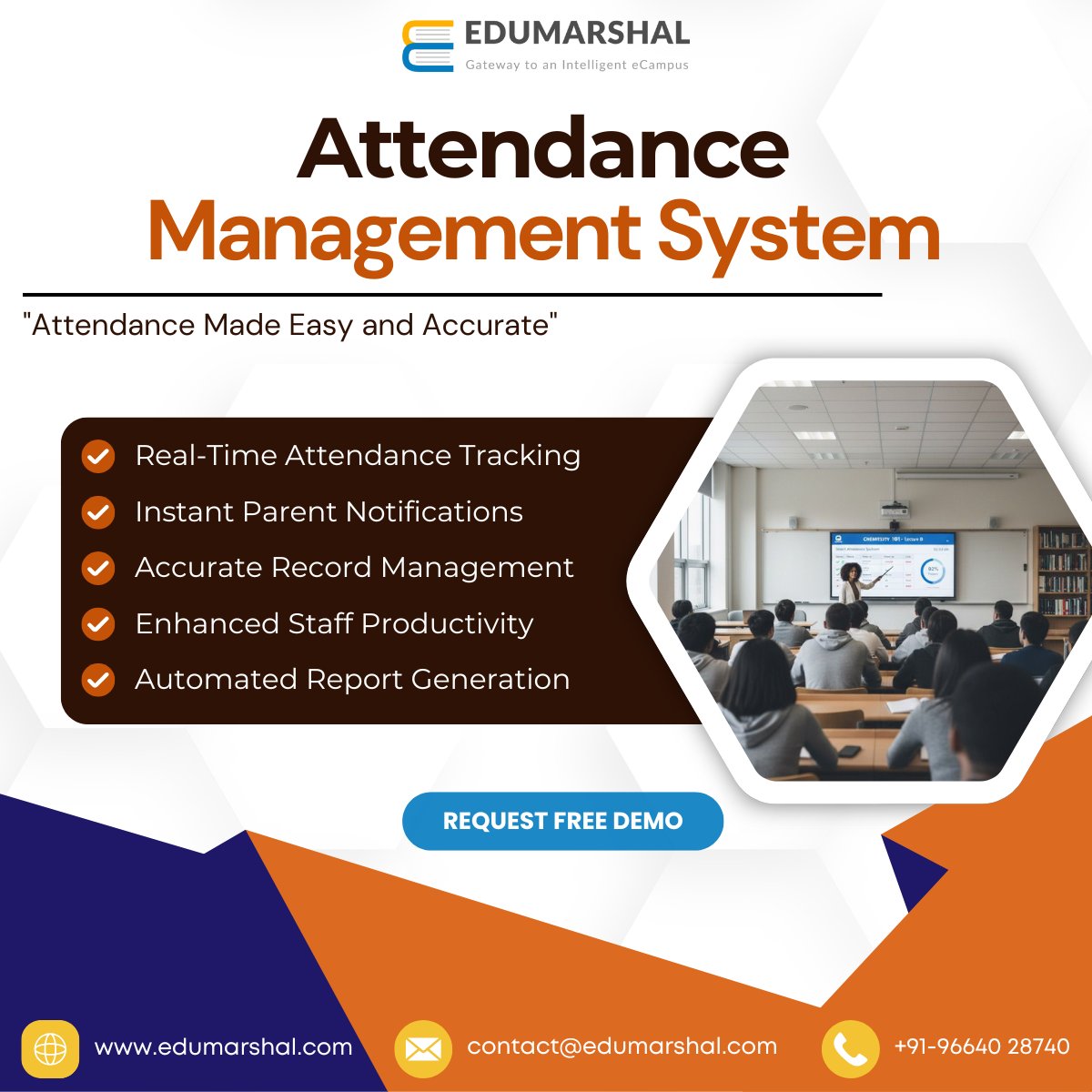 EdumarshalERP's tweet image. Say goodbye to manual registers! Ensure accuracy, boost staff productivity, and keep parents updated instantly with Edumarshal’s Attendance Management System.

Request Your Free Demo!
edumarshal.com

#AttendanceManagementSystem #SchoolERP #CollegeERP #EdTech #Edumarshal