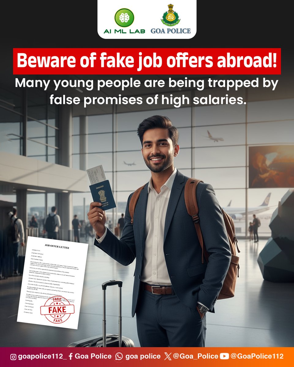 AIMLabGoaPolice's tweet image. #FakeJobAlert #JobScamAwareness
#StaySafeAbroad #FraudJobOffers
#ScamAlert #JobSafetyTips
#BewareOfScams
@Goa_Police @Varsha270819 @DGP_Goa @SPCyberGoa @spnorthgoa