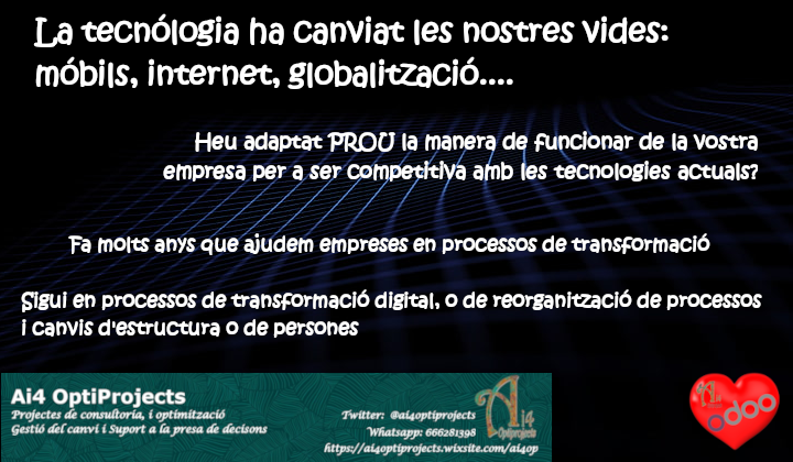 ai4optiprojects's tweet photo. #SolucionsAi4 per una gestió PROACTIVA, digital i eficient.
Optimització de la gestió operativa i la presa de decisions 

#TransformacioDigital, #ERP #IntegracioMultiplataforma
#OdooAGirona https://t.co/qwnLa0Ltpq