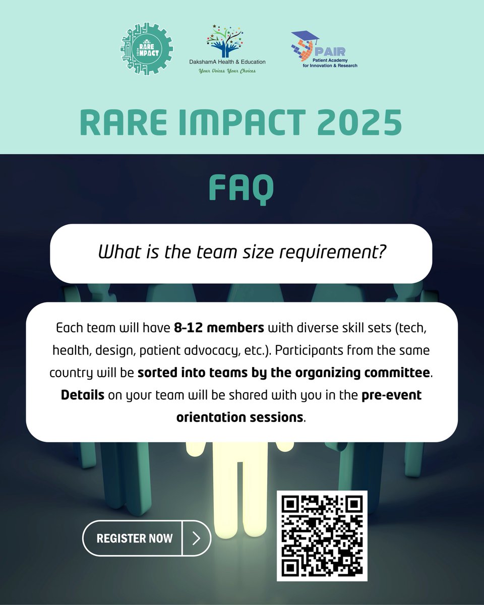 🌟 Hackathon teams = 8–12 changemakers! A mix of tech, health, design &amp; patient voices. 
🌍 Organizers group participants by country.  

#RareDisease #HealthTech #Hackathon    
                                       
Register now to participate: dakshamahealth.org/Hackathon.html