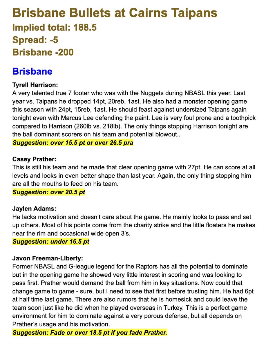Prop_science's tweet image. 🏀NBL Game Notes🏀

Brisbane Bullets at Cairns Taipans
Friday September 26th at 5:30am ET
188.5 pt total
-5 pt spread
Brisbane -200

Here are some notes on each key player with some suggestions too - Good luck everyone!

#GamblingX #NBLprops #NBL #underdogfantasy #PrizePicks