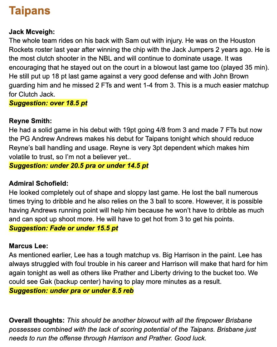 Prop_science's tweet image. 🏀NBL Game Notes🏀

Brisbane Bullets at Cairns Taipans
Friday September 26th at 5:30am ET
188.5 pt total
-5 pt spread
Brisbane -200

Here are some notes on each key player with some suggestions too - Good luck everyone!

#GamblingX #NBLprops #NBL #underdogfantasy #PrizePicks