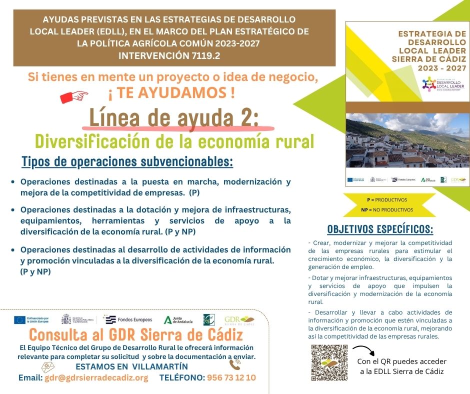 ¡𝒀𝒂 𝒕𝒆𝒏𝒆𝒎𝒐𝒔 𝒉𝒐𝒋𝒂 𝒅𝒆 𝒓𝒖𝒕𝒂 𝒉𝒂𝒔𝒕𝒂 𝟐𝟎𝟐𝟕!
𝙇𝙞́𝙣𝙚𝙖 𝙙𝙚 𝙖𝙮𝙪𝙙𝙖 𝟮: 𝐷𝑖𝑣𝑒𝑟𝑠𝑖𝑓𝑖𝑐𝑎𝑐𝑖𝑜́𝑛 𝑑𝑒 𝑙𝑎 𝑒𝑐𝑜𝑛𝑜𝑚𝑖́𝑎 𝑟𝑢𝑟𝑎𝑙
Retos como: Innovación, Sostenibilidad, Emprendimiento, Patrimonio. Turismo rural, Empleo juvenil y femenino…👇