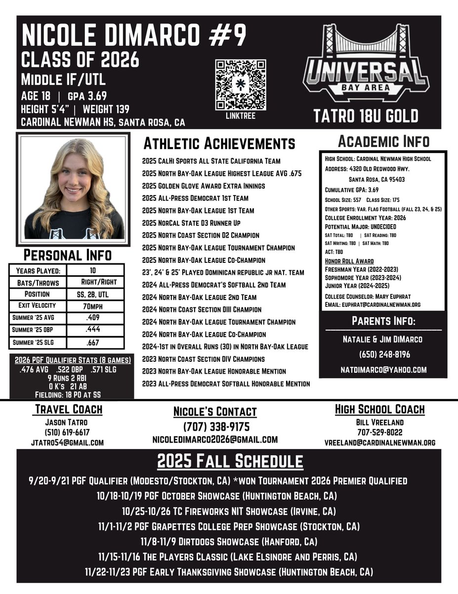 Looking forward to meeting and learning from the  <a href="/ChicoStateSB/">Chico State Softball</a> coaches and players at their Prospect ID Camp this Saturday, Sept 27th. Ready to work, showcase and  continue to grow my softball IQ.  Updated profile sheet below. 
#2026softballrecruit #middleinfielder #coachable