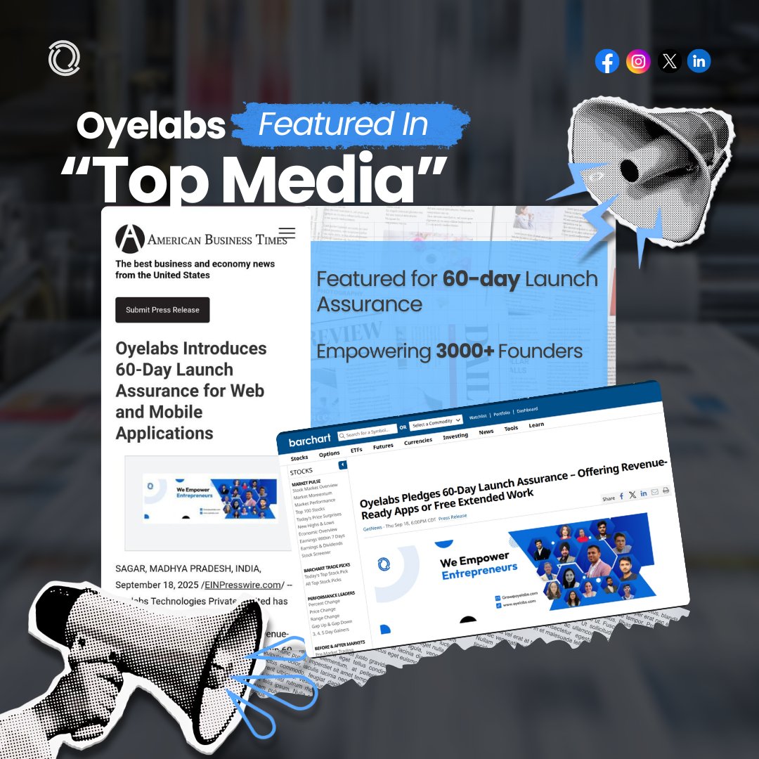 oyelabs's tweet image. 🚀 Big news! OyeLabs featured in 20+ top global publications like American Business Times &amp;amp; FOX40.

Empowering 3,000+ founders with faster, reliable launches. 🙌

Learn more: oyelabs.com

#Oyelabs #PressFeature #StartupEcosystem #Innovation