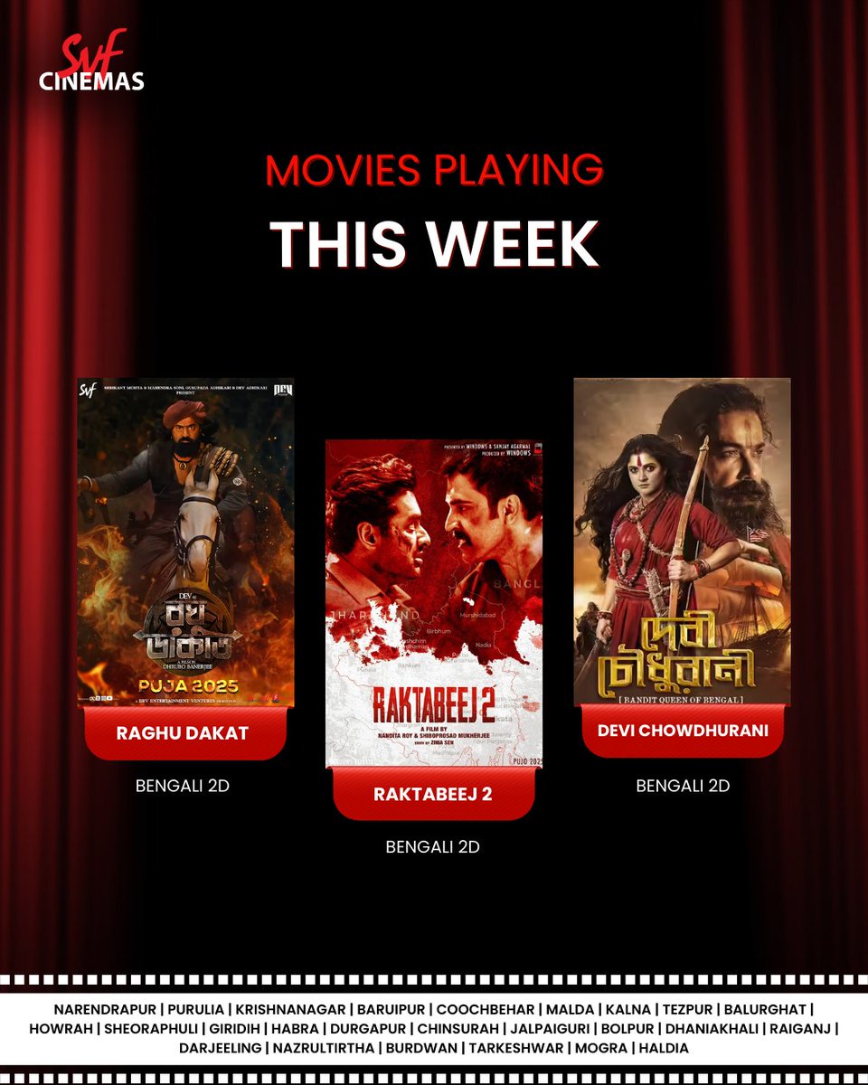 svf_cinemas's tweet photo. āĻāĻ week-āĻāϰ latest āϏāĻŦ release āĻāĻāύ āϤā§āĻŽāĻžāĻĻā§āϰ āĻāĻžāĻā§āϰ #SVFCinemas-āĻāĨ¤ āϤā§āĻŽāϰāĻž āĻā§āύāĻāĻž āĻĻā§āĻāϤ⧠āϝāĻžāĻā§āĻ?Watch your favorite movie at your nearest #SVFCinemas | Book your tickets now
#JollyLLB3 #RaghuDakat #Hostel3 #Raktabeej2 #DeviChowdhurani #DemonSlayer #TheyCallHimOG #Lokah #JotoKandoKolkatatei https://t.co/YXJAbiU0cq