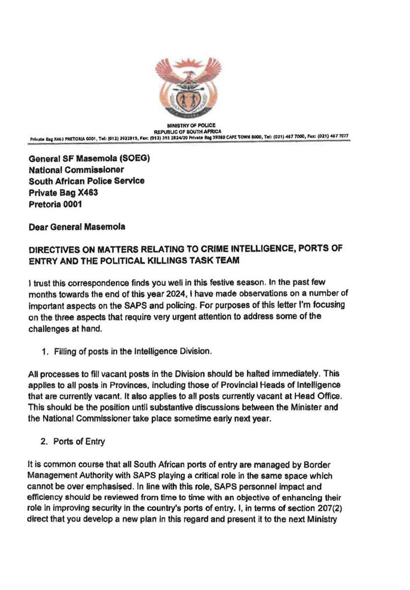 MDNnewss's tweet photo. The letter from Police Minister Senzo Mchunu to National Commissioner Fannie Masemola, dated 31 December 2024, orders major changes within SAPS including halting all Crime Intelligence appointments, demanding a new plan for securing ports of entry, and directing the immediate disbandment of the Political Killings Task Team, a move that has since ignited political and legal controversy.