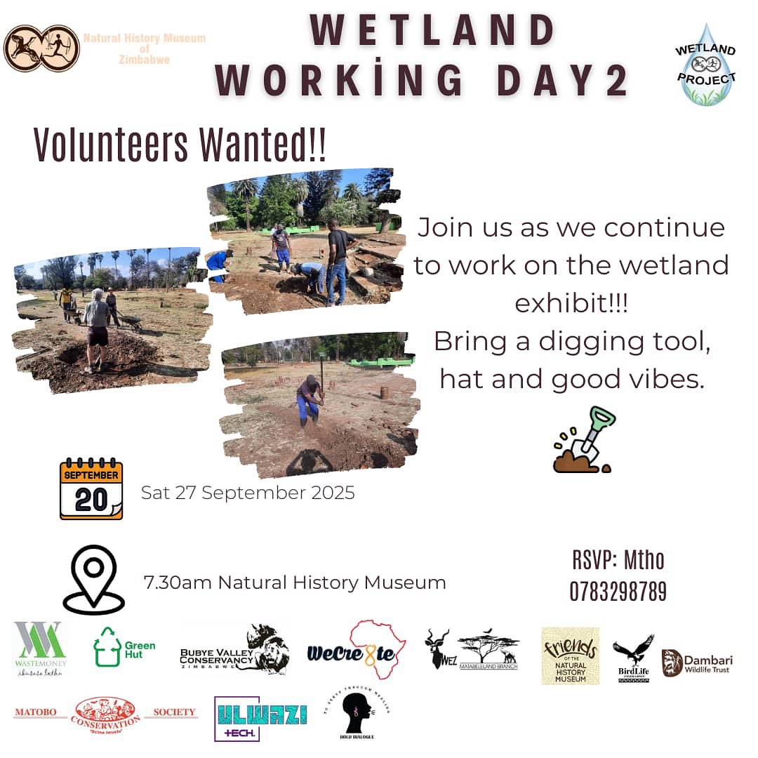 Join us tomorrow at the Natural History Museum in <a href="/CityofBulawayo/">The City of Bulawayo</a> as we get our hands dirty working on the #livingwetland exhibit . Invite a friend and let’s make history . The #livingwetland exhibit will bring to life an artificial wetland that will serve as a living classroom