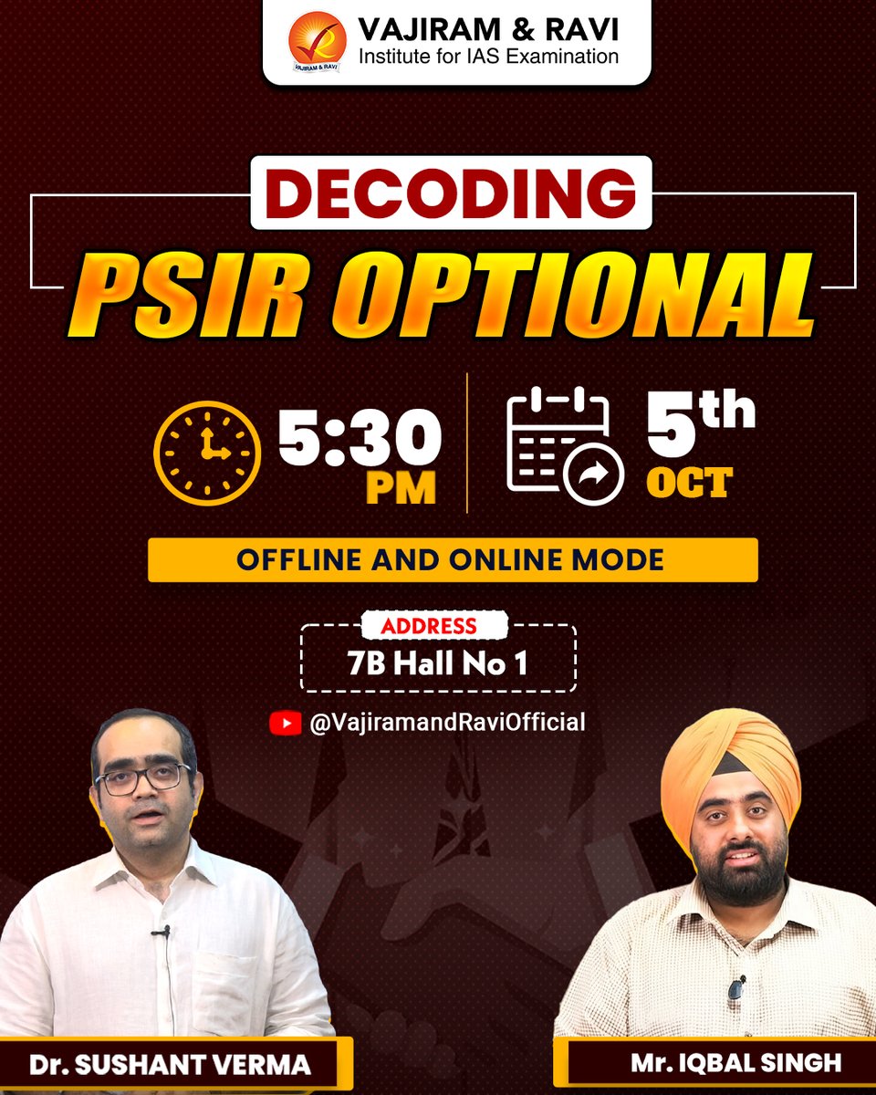VajiramRavi's tweet photo. Decoding PSIR Optional with Vajiram & Ravi
Join Dr. Sushant Verma and Mr. Iqbal Singh for an interactive session
Secure your spot now: https://t.co/C7cv7pSLAb
#PSIR #UPSC #UPSC2025 #UPSCPreparation #OptionalSubject #VajiramAndRavi #CivilServices #PSIROptional #StudyWithExperts https://t.co/dvSTr5j0eT