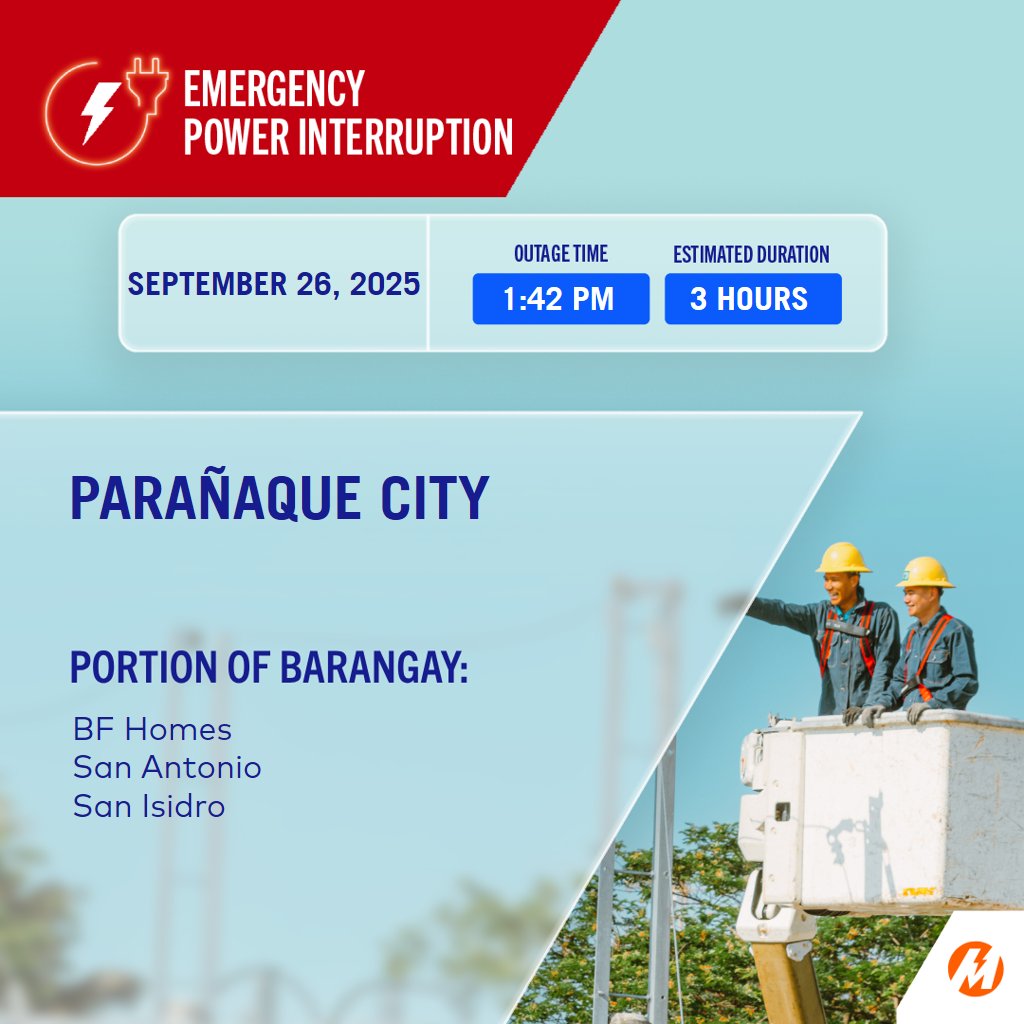 meralco's tweet image. Your area in Parañaque City may have been affected by an emergency line trouble which occurred at  1:42 PM with an estimated restoration time of 3 hrs.