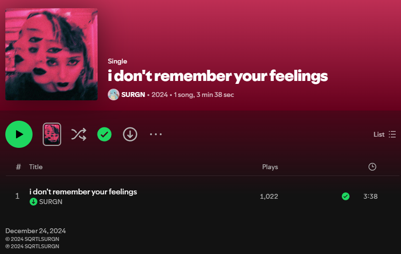 I don't remember your feelings hit 1,000 streams on spotify 🥳🥳