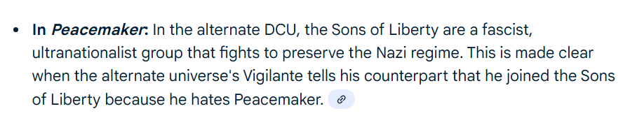 Unasked for, Google search AI really nailing the latest Peacemaker episode recap. I love that google is destroying the environment, killing thousands of jobs, stealing content from millions of creators, all to force upon me completely wrong results at the top of the search feed