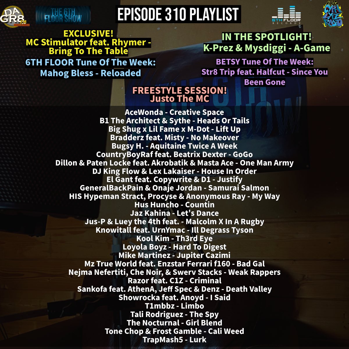 Episode 310 #ComingSoon 30/09/25 #The6thFloorShow

<a href="/KPrezTho/">K-Prez</a> <a href="/MysDiggi/">Natural Born Spitta</a> <a href="/MC_Justo/">Justo The MC</a> <a href="/_AceWonda/">AceWonda</a> <a href="/B_1HipHop/">B1 The Architect</a> <a href="/MDotBoston/">IG: MDOTBOSTON</a> <a href="/bugsy_h/">Bugsy H.</a> <a href="/Country_Boy_Raf/">Rafael Dexter</a> <a href="/DillonMaurer/">DILLON</a> <a href="/PatenLocke/">PATENLOCKE</a> <a href="/mastaace/">Masta Ace</a> <a href="/DJKingFlow/">DJ King Flow / Mixtape Addict</a> <a href="/lexlakaiser/">Lex Lakaiser</a> <a href="/ElGant/">El Gant</a> <a href="/DistinctIsMe/">🎙D1</a> <a href="/generalbackpain/">GeneralBackPain</a> <a href="/OnajeJordan39/">Onaje Jordan AKA 99 Buckwild</a>
