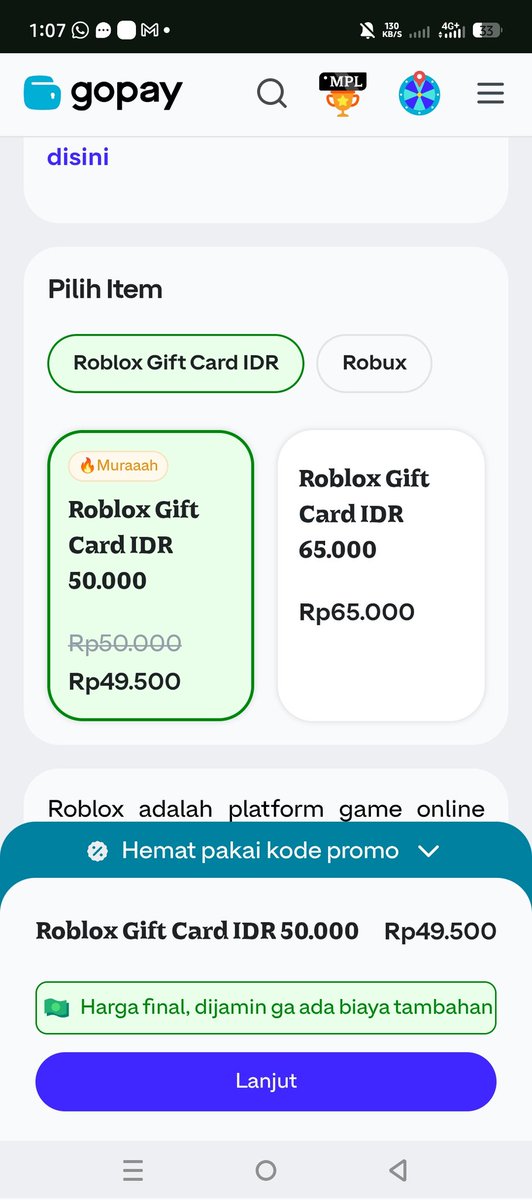 mlbbproplay's tweet image. Gesss riil 278 robux cuma 29.5k aja untuk pembelian pertama di gopay games

Coba cek di my voucher / voucher saya di apk gopay ada cashback 20ribu buat roblox gift card,

1. Beli gift card 50k
2. Cashback 20k
3. Tukerin di roblox.com konversi jadi 278 robux