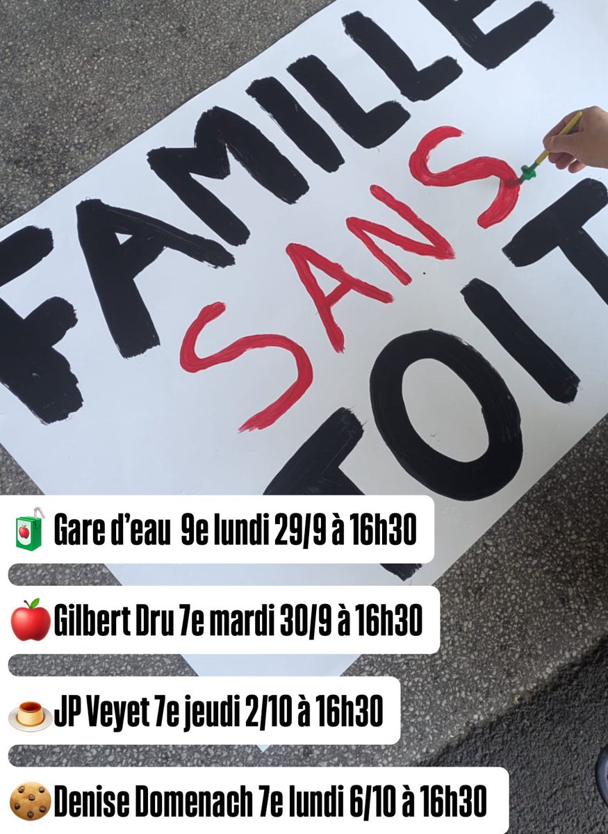 Calendrier 📅 calendrier des goûters solidaires à #Lyon à 16h30

🍫Gare d’eau #Lyon 9e lundi 29/9
🍩Gilbert Dru #Lyon 7 mardi 30/9
🍪JP Veyet #Lyon 7e jeudi 2/10
🧁Denise Domenach #Lyon 7e lundi 6/10