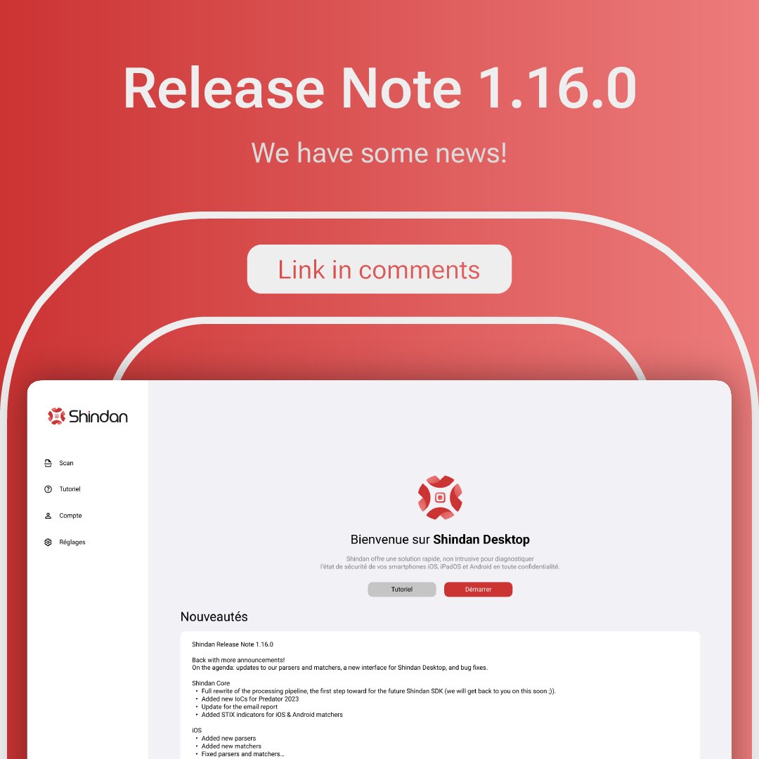 Shindan (@shindan_io) on Twitter photo 🚀 Shindan Release Note 1.16.0 is here! ⬇️
This version brings some exciting updates across the board:
✨ A full rewrite of our processing pipeline — paving the way for the future Shindan SDK
🛡️ New IoCs & fresh STIX indicators for iOS & Android
📱 Improved parsers, matchers & 🚀 Shindan Release Note 1.16.0 is here! ⬇️
This version brings some exciting updates across the board:
✨ A full rewrite of our processing pipeline — paving the way for the future Shindan SDK
🛡️ New IoCs & fresh STIX indicators for iOS & Android
📱 Improved parsers, matchers &
