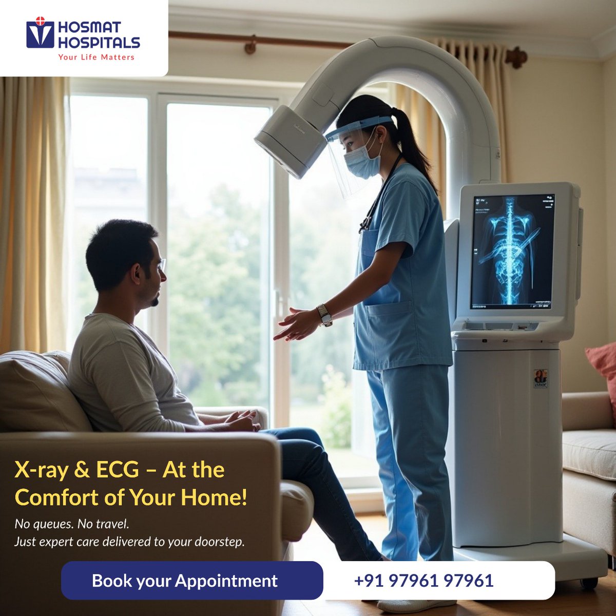 HOSMAT_Hospital's tweet image. What if your X-ray or ECG could be done without stepping out of your home?

Safe &amp;amp; hassle-free
Trusted hospital-grade service
Comfort of your own home

Book your appointment now: +91 97961 97961

#HomeHealthcare #DiagnosticCare #XrayAtHome #ECGAtHome #HosmatHospitals