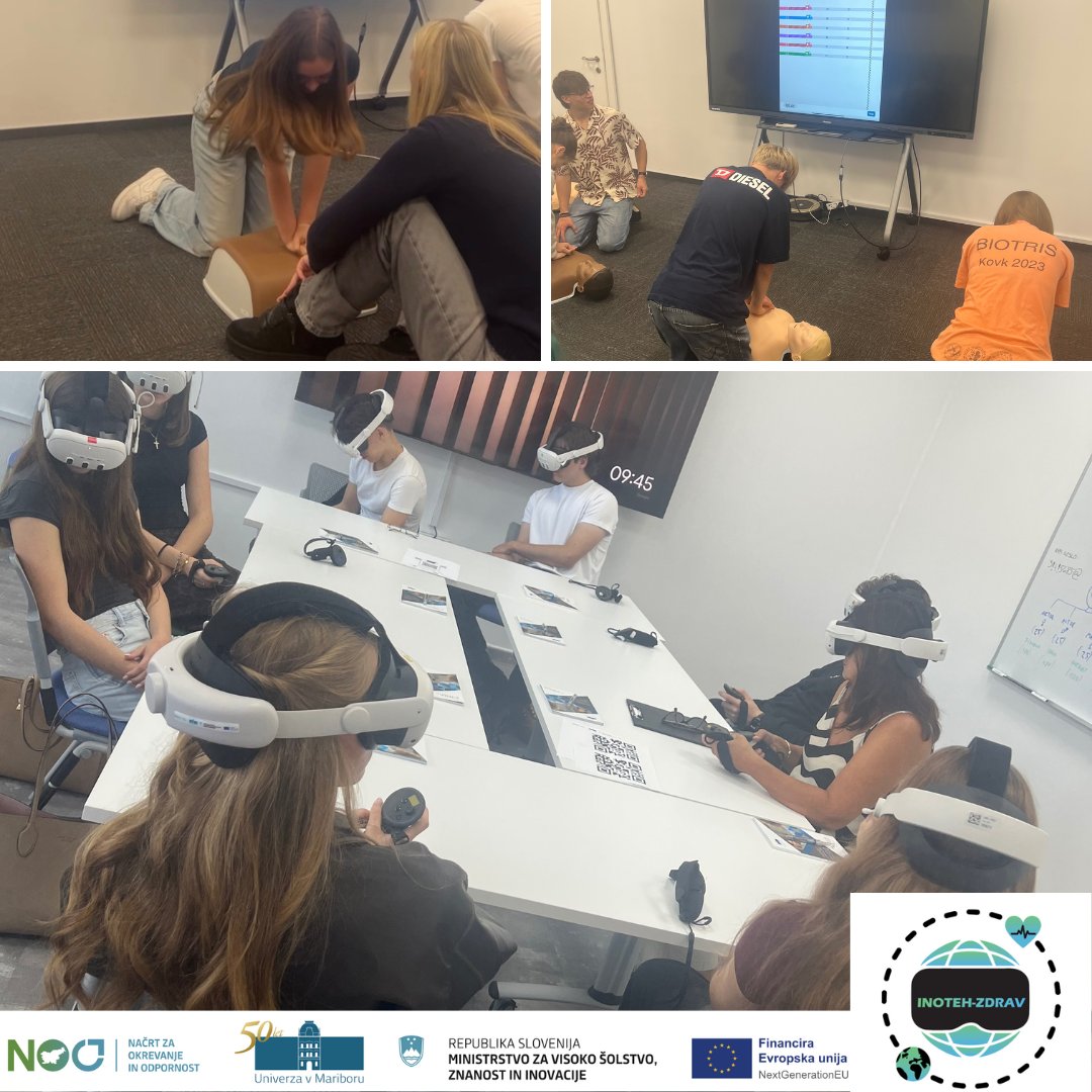 Inotehzdrav's tweet photo. Last week, we welcomed 172 students from II. Gimnazija Maribor for a short BLS training. They explored first aid with a VR 360° video, played the MOBICPR game, and practiced CPR on manikins. #univerzavmariboru #NOO #NextGenerationEU #EUsredstva #MVZI #InTECHiE #inotehzdrav https://t.co/Pc9D98hQfT
