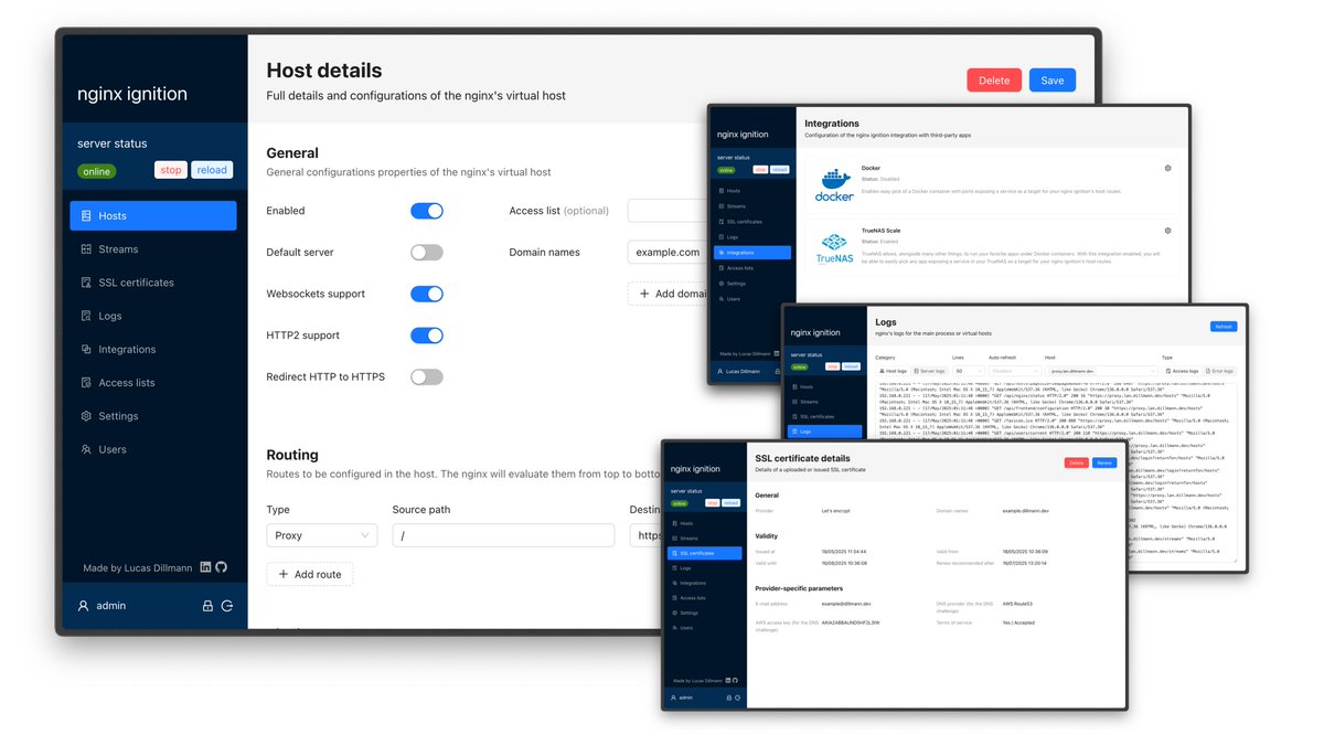 GitHub_Daily's tweet image. GitHub 上一个直观可视化理 Nginx 配置的开源工具：nginx ignition，对初学者来说颇为好用。

在浏览器 Web 界面上就能轻松配置虚拟主机、SSL 证书、反向代理、自定义域名等等功能。

GitHub：github.com/lucasdillmann/…

除此之外，还支持与 Docker 和 TrueNAS Scale 的原生集成，简化 nginx…