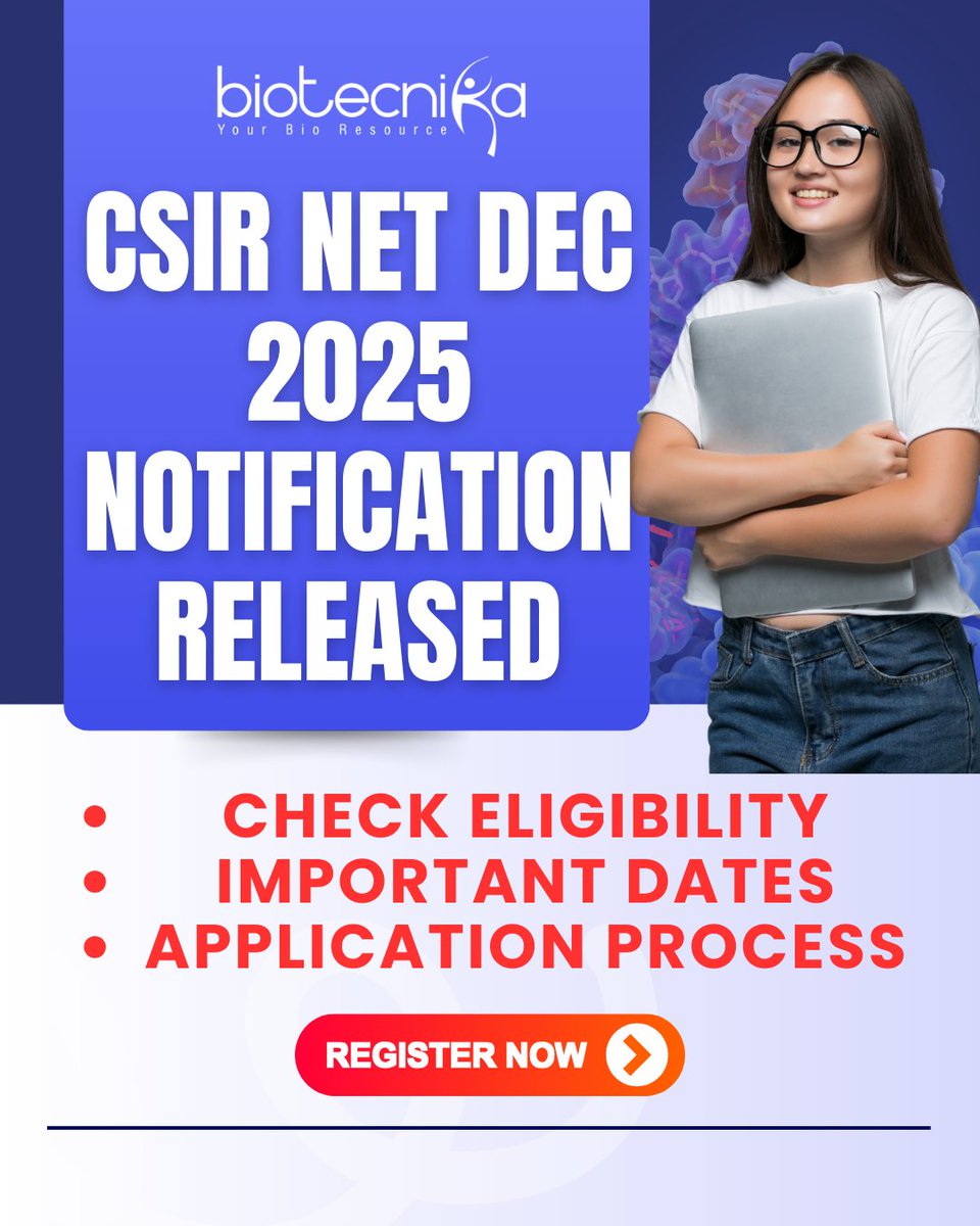 biotecnika's tweet image. 🚨BREAKING NEWS🚨

🔥CSIR NET Dec 2025 Exam Official Notification - Registration, Eligibility, Application Process &amp;amp; Fee Payment Details

👉 All details available here: btnk.org/csir-net-dec-2…

👉 Tag someone who should not miss this!

#csirnetdec2025 #csirnet2025 #csirnetdecembe