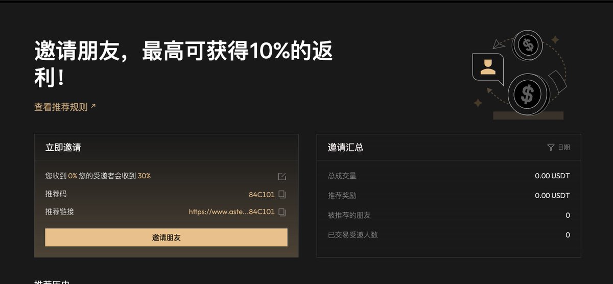 Aster第二期开始了，建议都刷一下，10.5号结束

昨天找 <a href="/EnHeng456/">EnHeng嗯哼🔸BNB</a>  开通了 返还30%比例

活动链接：asterdex.com/zh-CN/referral…

策略：可以两个号对冲，或者网格交易，量力而行，个人觉得很卷，注意控制成本  

具体情况： 第二期有4%空投  规则： 交易量：交易越多积分越多