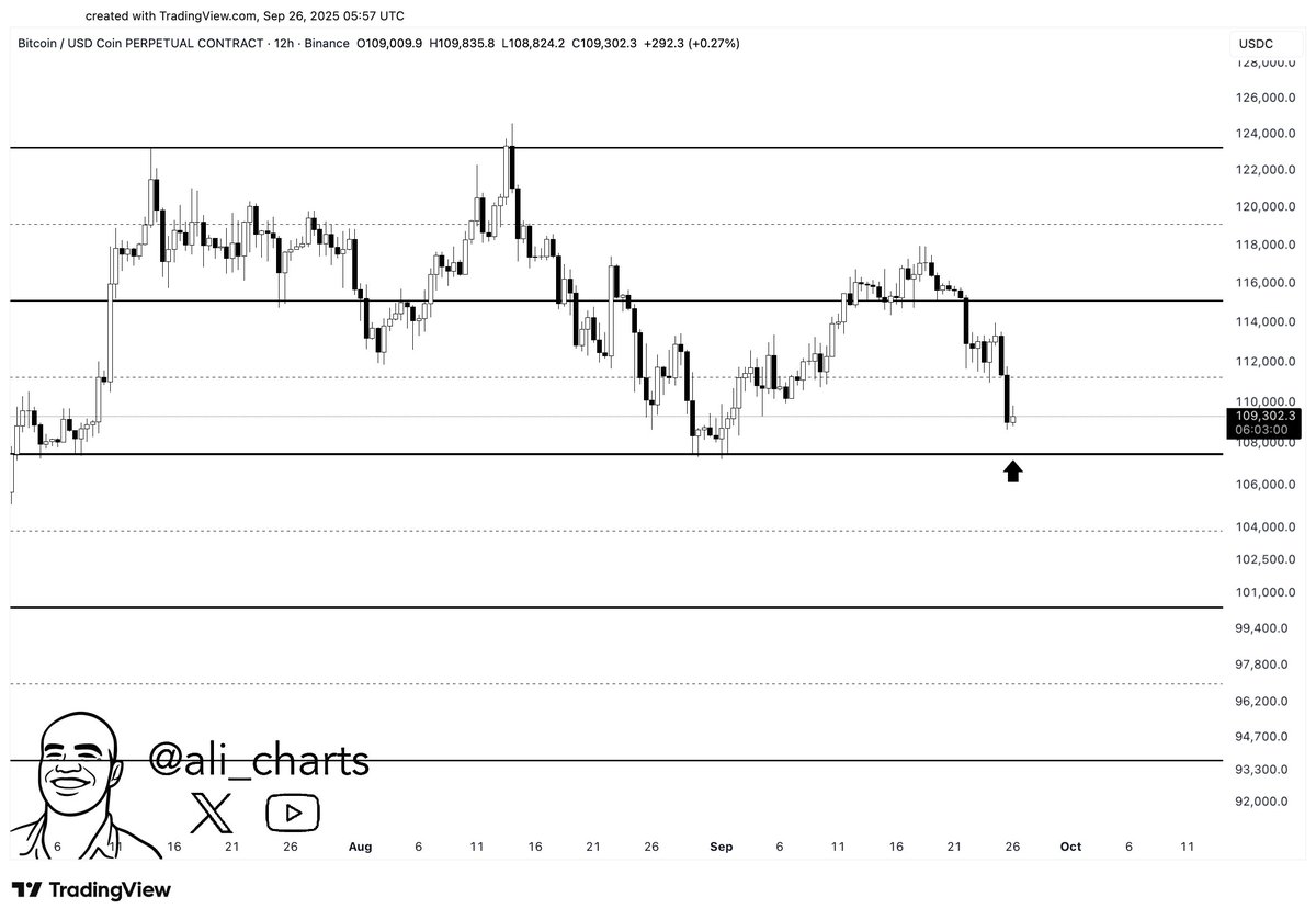 A line chart displaying Bitcoin price movements over time, with candlestick patterns and horizontal support lines at various price levels, including $107,200. The chart spans from August to October, with a visible upward arrow near a sharp price drop. A watermark reading "@ali_charts" is present in the lower left corner.