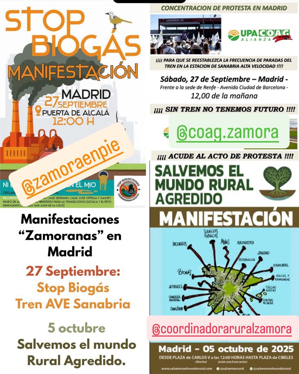 Próximas manifestaciones Rurales Zamoras  en Madrid

Estos los coordinadores en #Zamora.

27 sept:

Stop Biogás, coordinada  por Zamora en Pie 

Supresión paradas de tren en #Sanabria. Coordinada por COAG Zamora

5 de octubre

“Salvemos el mundo rural agredido”<a href="/CoRuralZamora/">Coordinadora Rural Zamora</a>