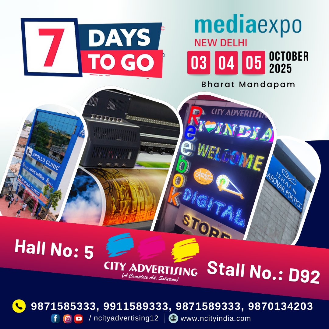 City Advertising is participating in #MediaExpo 2025, New Delhi 🎉

🚀 Get ready to explore our latest LED Sign Boards, Ultra Slim Signage, Acrylic Displays, Channel Letter Signs &amp; #Branding Solutions – all under one roof!

☎ 9213585333 | 9871585333
🌐 ncityindia.com