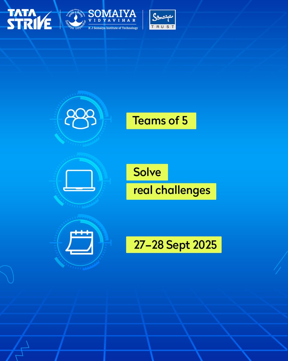 TataSTRIVE's tweet image. Ready to crack real challenges with your code?  Join Code Odyssey, powered by Tata STRIVE and K J Somaiya Institute of Technology, where teamwork, innovation, and problem-solving take center stage in a battle of ideas.

#TataSTRIVE #Hackathon #CodeOdyssey