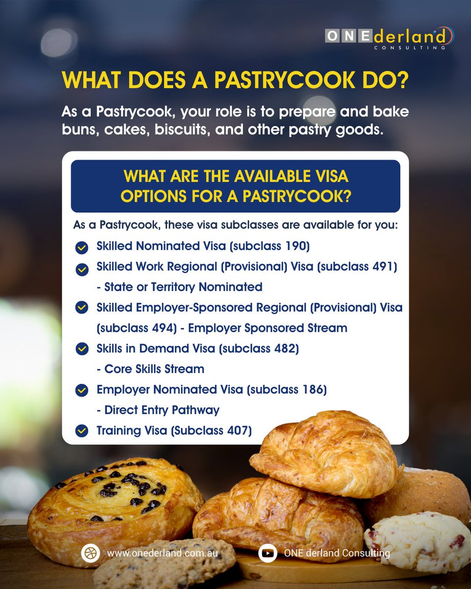 onederland_au's tweet image. 👨‍🍳 Turn Your Pastry Skills into a Career in Australia!

From baking cakes to crafting pastries, your skills are in demand. 

📌 Check ANZSCO 351112 to learn about your role, required qualifications, and available visa options.

#MigrationAgent #AustralianVisa #ANZSCO #WorkVisa