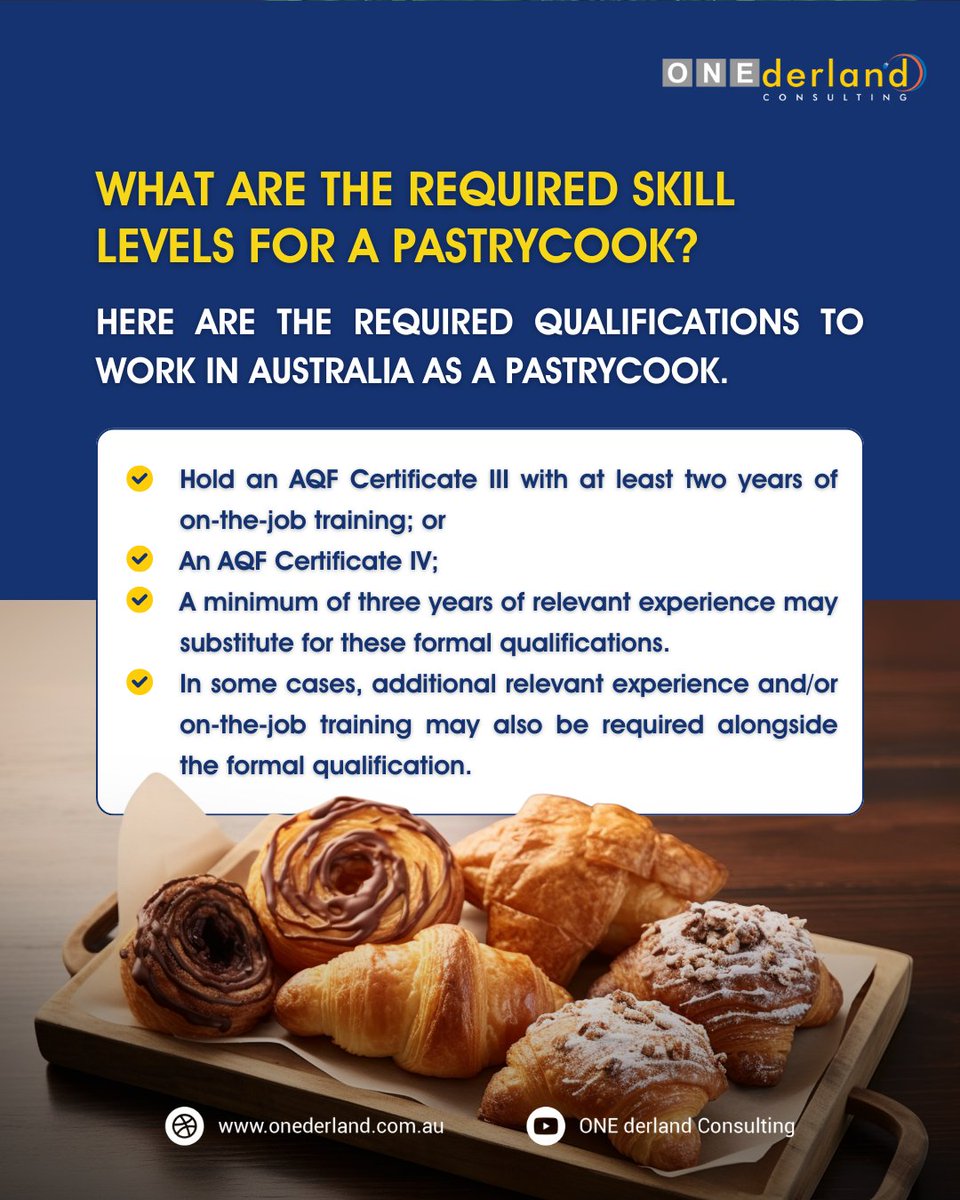 onederland_au's tweet image. 👨‍🍳 Turn Your Pastry Skills into a Career in Australia!

From baking cakes to crafting pastries, your skills are in demand. 

📌 Check ANZSCO 351112 to learn about your role, required qualifications, and available visa options.

#MigrationAgent #AustralianVisa #ANZSCO #WorkVisa