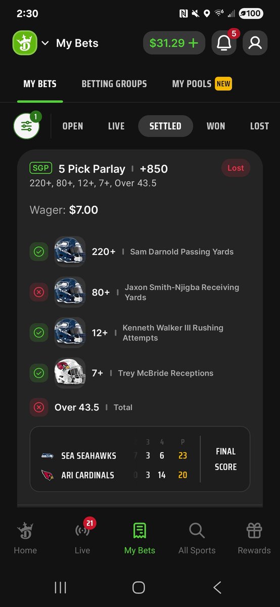 God damn you Vegas. Smith-Njigba had 79 yards and the final score was 43 points.