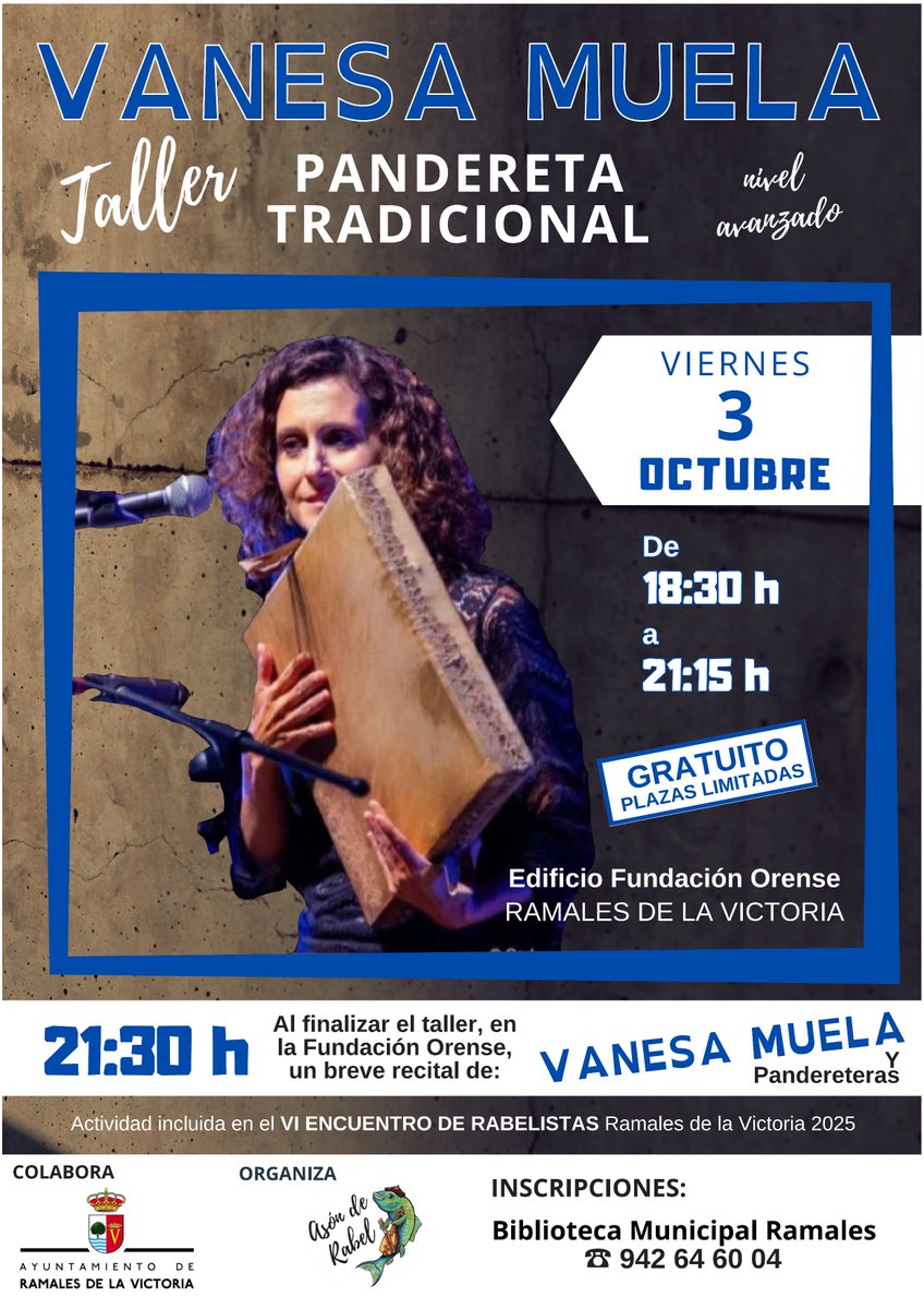 💢 Curso de PANDERETA
Viernes 3 de octubre de 2025, nivel avanzado.
A cargo de Vanesa Muela, Música Tradicional
Inscripciones: biblioteca municipal.

#RamalesdelaVictoria #Ramales #Cultura #Folk #Rabel #Rabelistas