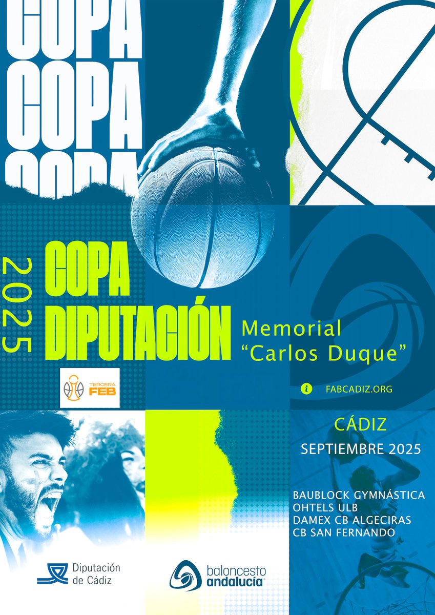 fabcadiz's tweet photo. Llega la Final masculina de la Copa Diputación Memorial "Carlos Duque"
🏀 Damex CB Algeciras-OH!TELS ULB
🗓️ Sábado 27.09.25
⏰19:00 h
📍Algeciras

🥉3º/4º PUESTO
🏀Blaublock Gymnástica-CB San Fernando
🗓️Sábado 27.09.25
⏰20:00 h
📍El Puerto de Santa Mª

ℹ️https://t.co/wVVngmRyng https://t.co/pr6wRIptrl