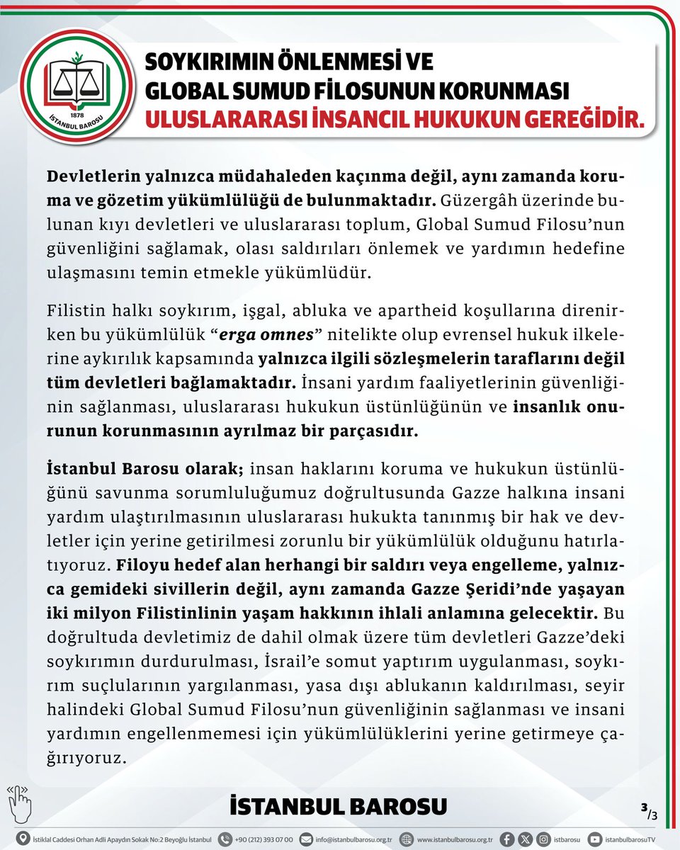 SOYKIRIMIN ÖNLENMESİ VE GLOBAL SUMUD FİLOSUNUN KORUNMASI ULUSLARARASI İNSANCIL HUKUKUN GEREĞİDİR

İsrail’in iki yıldır Gazze’de sürdürdüğü soykırım saldırıları sonucunda on binlerce Filistinli katledilmiş, yine on binlercesi yaralanmış, işkenceye maruz kalmış, tedaviye erişimi