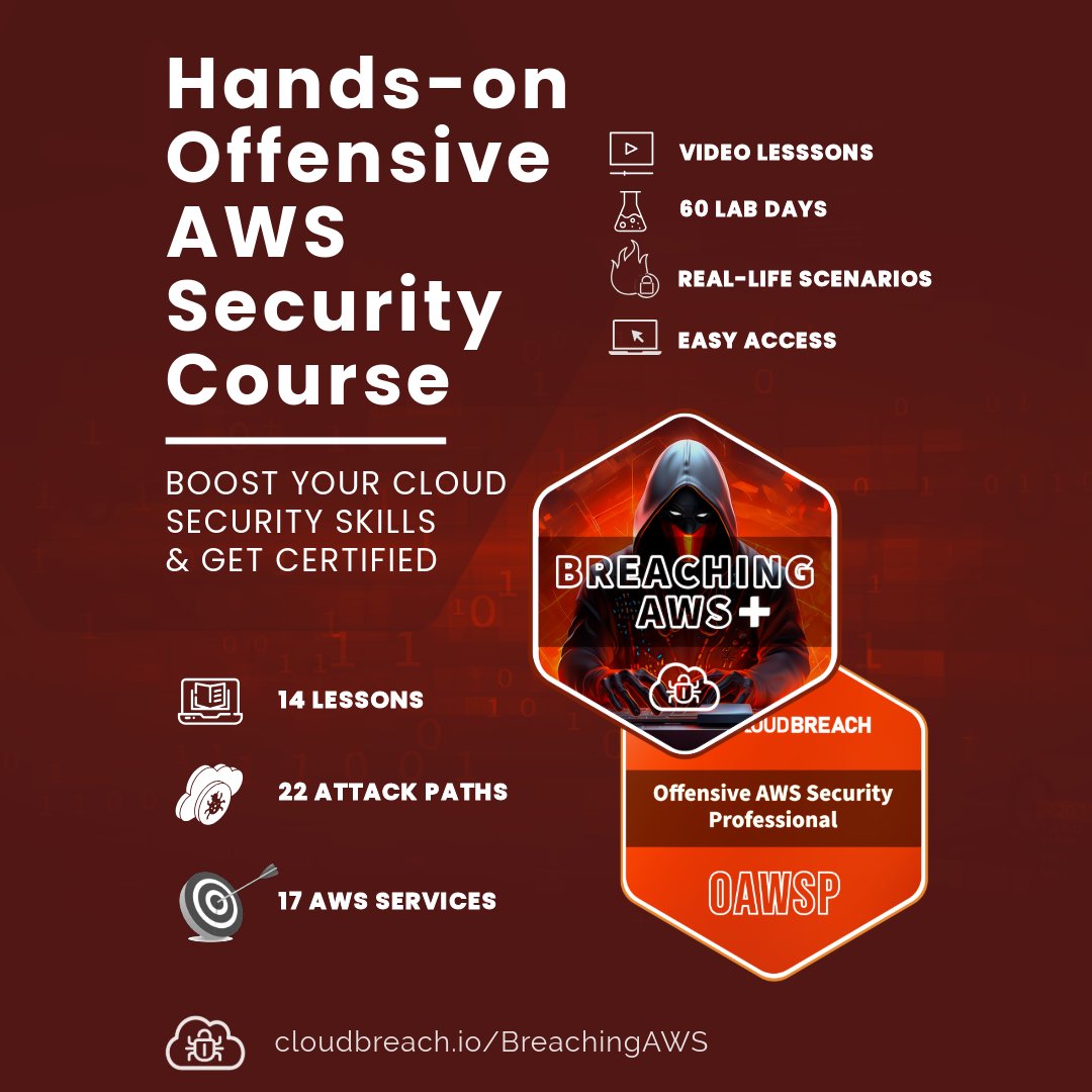 🚀 Level Up Your Cloud Security Skills with BreachingAWS+ 🌩️
Improve your Hands-on skills and think like an attacker with BreachingAWS+

🔥 What’s inside:
✅ 14 Lessons - structured for real-world learning
✅ 22 Attack Paths – learn adversary tradecraft
✅ 17 AWS Services –